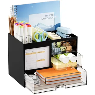 Marbrasse Schreibtisch Organizer mit 3 Schubladen,Stifthalter mit Großen Kapazität für den Schreibtisch,Büro Organizer mit 4 Fächern und Zubehör,für Büro Haus und Schule(Schwarz)