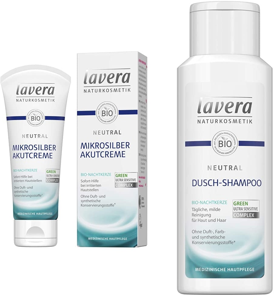 lavera Neutral Akutcreme mit Mikrosilber - 75ml & Neutral Dusch-Shampoo - 2 in 1 Shampoo & Duschgel mit Bio-Nachtkerze - für Haut & Haar - Seifenfreie milde Rezeptur - Neurodermitis(1 x 200 ml)