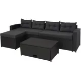 Mendler Poly-Rattan Garnitur HWC-J34, Balkon-/Garten-/Lounge-Set Sitzgruppe Sofa, Staufach ~ schwarz, Kissen dunkelgrau