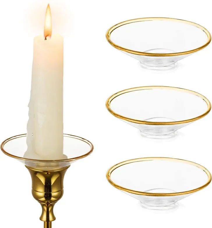 Glas Bobeches für Kerzenständer, 3 Stück Kerzen-Schutzringe Kerzenringe für Stumpenkerzen, Kerzen-Schutzring für Kerzenstumpen Kerzenhalter für Hochzeit Party Kirche Zuhause (Rund, Goldrand)