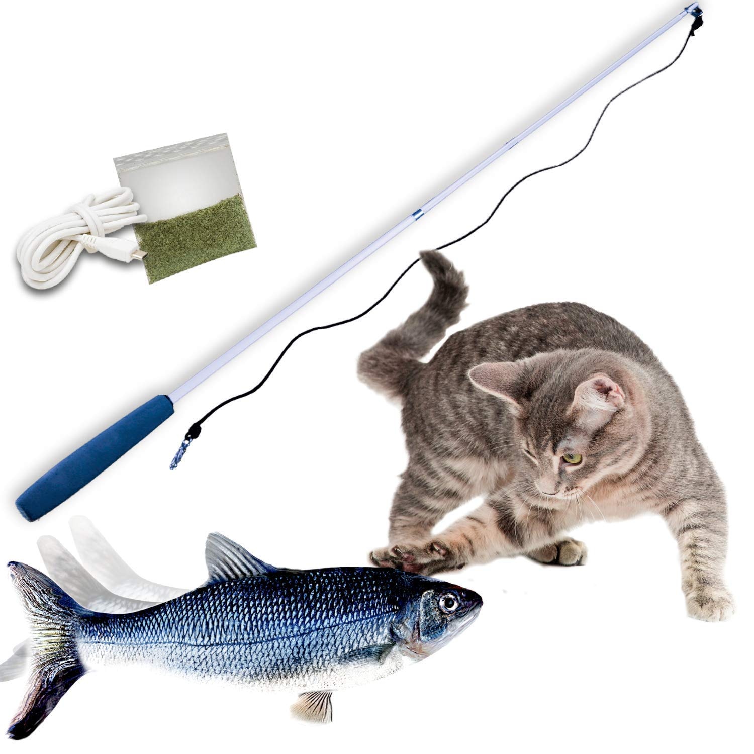 Mediashop Flippity Fish - elektrisches Katzenspielzeug - Katzenminze - wiederaufladbar mit USB Kabel - Verschiedene Geschwindigkeitsstufen - mit Spielangel | Das Original aus dem TV