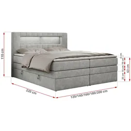 MKS Meble Boxspringbett mit LED Kopfteil und Topper - GOLD-5-KING - 180x200cm - Hellgrau - Mittelfest (H3) - Hellgrau