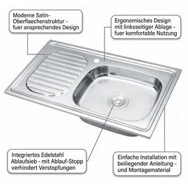 MuCoLa Edelstahlspüle links Einbauspüle silber Handbetätigung 800 x 500 mm