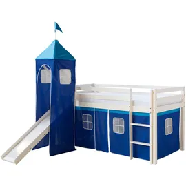 Homestyle4u Hochbett mit Rutsche, Turm und Vorhang blau