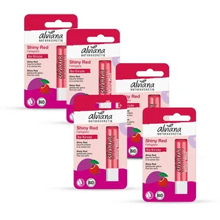 Alviana Lip Balm Shiny Red (Pack of 5) | Natural Red Tint & Glossy Finish | Organic Ingredients & Eco-Friendly Packaging, Certified Natural Product