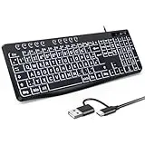 OMOTON Beleuchtete Tastatur, Kabel PC Tastatur, QWERTZ Weiß Beleuchtet mit großem Druck, 2 in 1 USB A/C- Für Senioren, Kinder, Sehbehinderte für Windows mit Multimedia-Tasten
