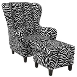 Supellex Sofia Ohrensessel mit Hocker Design Tierfellimitat Zebra