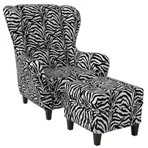 Supellex Sofia Ohrensessel mit Hocker Design Tierfellimitat Zebra
