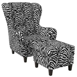 Supellex Sofia Ohrensessel mit Hocker Design Tierfellimitat Zebra