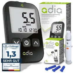 adia Blutzuckermessgerät (mmol) mit 60 Blutzuckerteststreifen, 10 Lanzetten, 1 Stechhilfe, 1 Etui