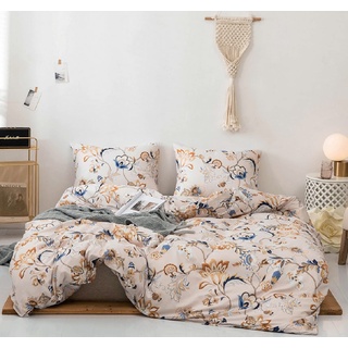 GETIYA 【Neueste】 Golden Ästhetic Blumen Bettwäsche 155x220 Vintage Blumen Pflanzen Bettwäsche Set 3 Teilig Weiche Flauschige Bettwäsche Mikrofaser Bettbezug Blumen Muster mit 2 Kissenbezug 80x80