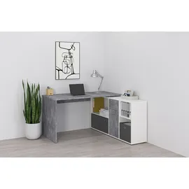 FMD Eckschreibtisch FMD "Lexo", grau (betonfarben, weiß), B:136cm H:74cm T:66,5cm, Tische, Eckschreibtisch, Schreibtisch/Sideboard viel Stauraum, beidseitig montierb., 136/205 cm
