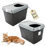 GarPet 2er Set Hop In Katzenklo oben einstieg Katzentoilette geschlossen Top Entry Jump-In XXL Haubentoilette Groß Katzen Klo schwarz Doppelpack