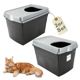 GarPet 2er Set Hop In Katzenklo oben einstieg Katzentoilette geschlossen Top Entry Jump-In XXL Haubentoilette Groß Katzen Klo schwarz Doppelpack