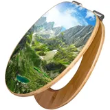 Banjado Design WC Sitz Bambus Holz Toilettendeckel Mit Absenkautomatik Klodeckel WC-Sitz Soft Close Mit Motiv Bergsee Alpen