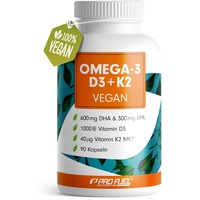 Omega-3 vegan + D3 & K2 (90x), 1100mg Algenöl mit 600mg DHA & 300mg EPA + 1000 IE Vitamin D3 + 40 μg Vitamin K2 - O3 D3 K2 vegan Essentials - Omega-3 Kapseln hochdosiert, bioverfügbar & laborgeprüft