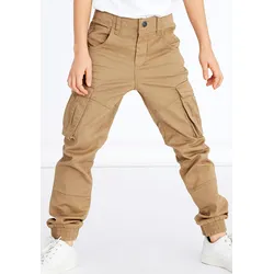Chinohose NAME IT "NKMRYAN CARGO R TWI PANT 2222-BA NOOS", Jungen, Gr. 116, N-Gr, braun (kelp), Twill, Obermaterial: 98% Baumwolle, 2% Elasthan, unifarben, modisch, Hosen