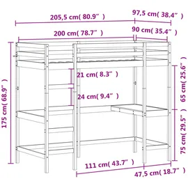 vidaXL Hochbett mit Schreibtisch 90x200 cm Massivholz Kiefer