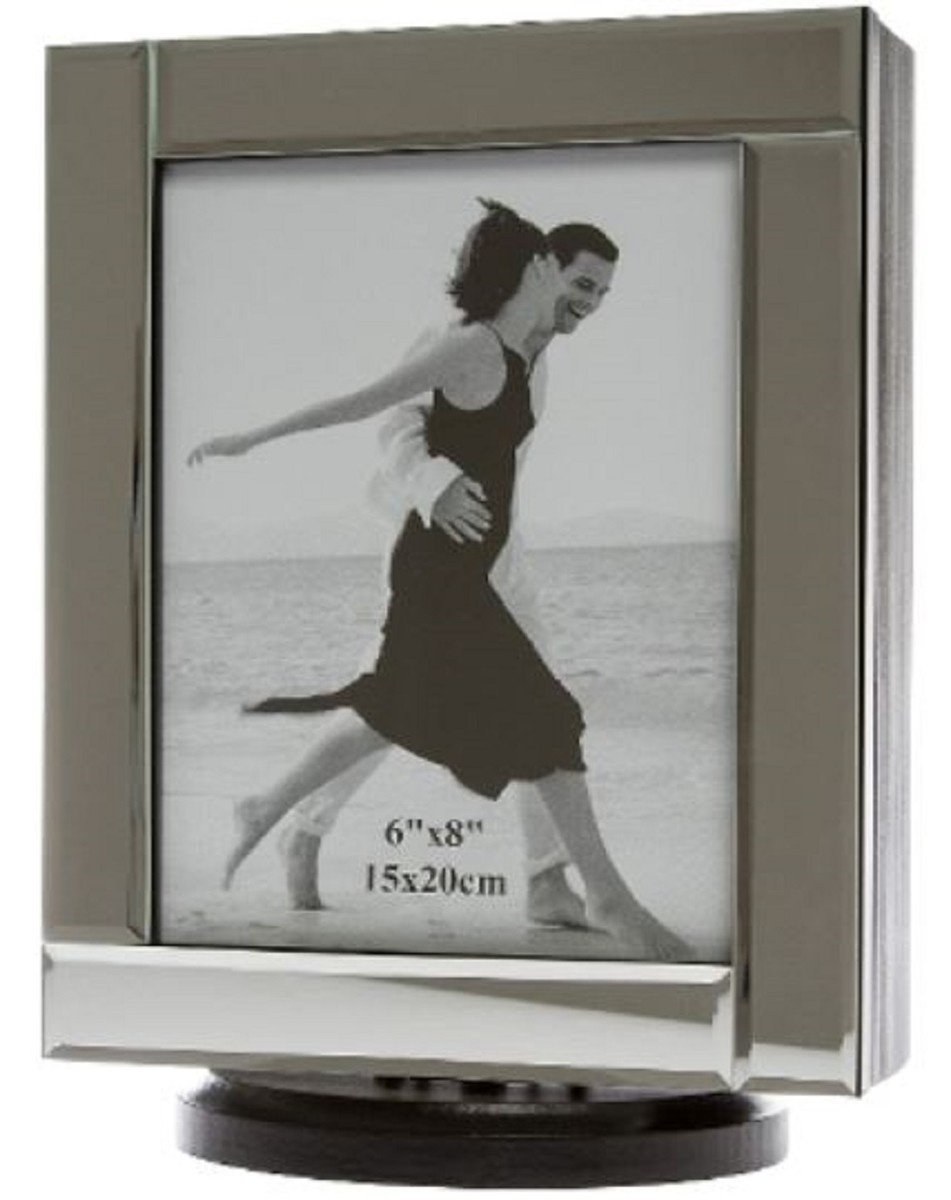 Casa Padrino Luxus Schmuckschrank Schwarz / Cremefarben / Silber 20 x 15 x H. 27 cm - Kleiner Schmuckschrank mit Fotorahmen Spiegeltür und drehbarem Standfuß