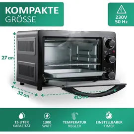 Steinborg Minibackofen 15L 1300 Watt Innenbeleuchtung Timer 90-230°C Schnelles Aufheizen |