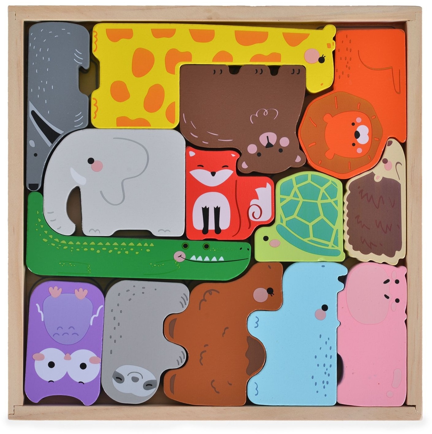 Moni Kinder Puzzle Tiere 3002 Holz, Sortierspiel, Farbpuzzle, 14 bunte Tiere bunt