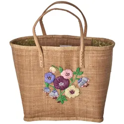 RICE Raffia Tasche Blumenmuster mit Lederriemen, L:28 cm, B:30 cm, H:20 cm, Braun