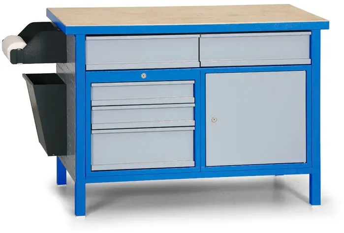 Werkbank GD, 5 Schubladen, Fichte + beidseitig furniertes Fichten-Sperrholz, 5 Schubladen, 1 Schrank, 1190 x 600 x 850 mm, blau / grau