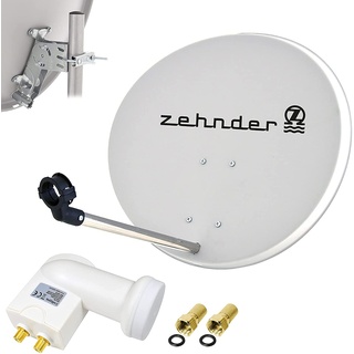 Zehnder 60cm Spiegel Schüssel Stahl + LogiSat Twin LNB | 2 Teilnehmer HD Digital SAT Anlage Set hellgrau | DVB-S/S2 Full HDTV 3D 4K Ultra HD UHD Empfang