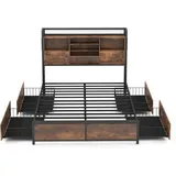 Doppelbett Mit Kopfteil & Ladefunktion, Metallbett Mit 4 Schubladen, Stauraumbett Mit Lattenrost Aus Holz, Jugendbett, Industriell, Ohne Matratze (ohne Led-beleuchtung, 140 × 200 Cm) - Goplus