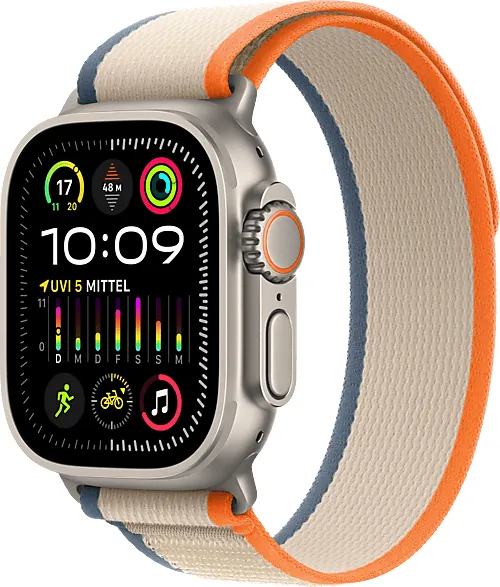 APPLE Watch Ultra 2 GPS + Cellular 49 mm Trail Loop Orange/Beige - M/L Smartwatch Titangehäuse Gewebe, 145 190 mm, Titan / Beige