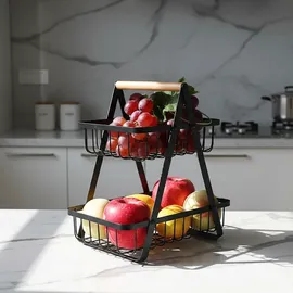 Relaxdays Obst Etagere, 2-stöckig, Metall, Holzgriff, HxBxT: 34 x 26 x 17 cm, Obst & Gemüse, eckige Obstschale, schwarz