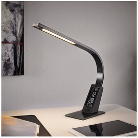 Melitec LED Schreibtischleuchte T153 mit LCD-Display, Uhr, Datum & Temperatur, Dimmer & Weckfunktion, Anthrazit, 450 Lumen, Warmweiß