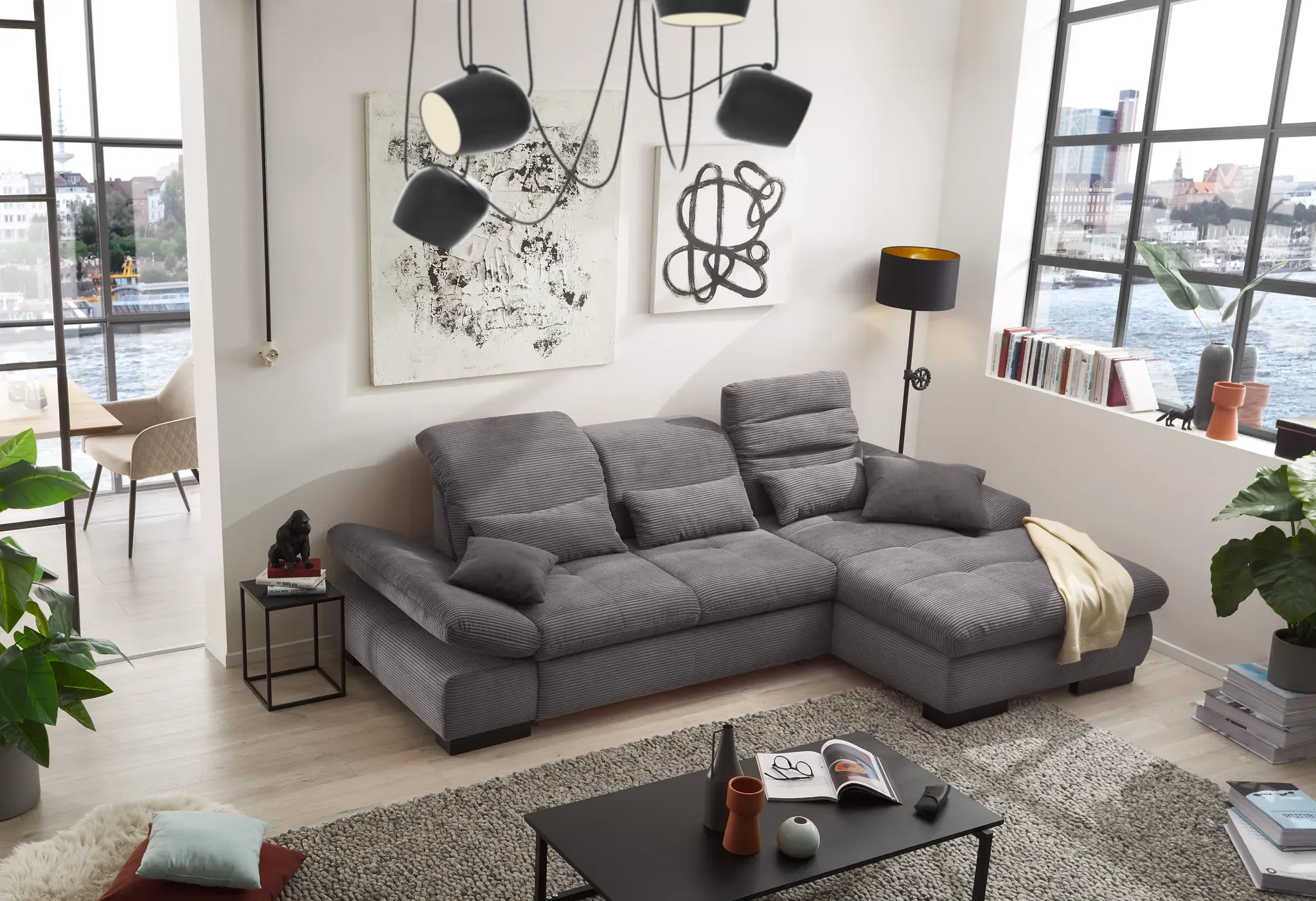 Ecksofa SET ONE BY MUSTERRING "SO4100 V" Sofas Gr. B/H/T: 284cm x 80cm x 190cm, Breitcord, Recamiere rechts, mit Kopfteilverstellung-mit Schwenkrücken-mit Armteilverstellung-mit Bettfunktion-mit Bettkasten-Federkern-Federkern-Federkern-Wellenunterfederung, grau mit verstellbaren Kopfteilen, wahlweise Funktionen, Cord-Bezug