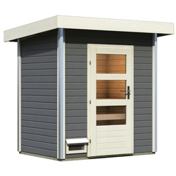 Karibu Gartensauna Pultdach Saunahaus Jorgen terragrau Moderne Saunatür (Klarglas) Ohne Ofen inkl. 8-teiligem gratis Zubehörpaket (Gesamtwert 191,92€)