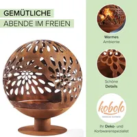 Kobolo Feuerschale Feuerkorb Flammenschutz Garten Terrasse Feuerstelle Deko BLOOM Kugelform rund mit Motiv - Metall Rostoptik