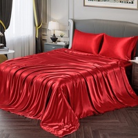 Vonty Satin-Bettlaken für Doppelbett, seidig weiches Satin, rotes Satin-Bettlaken-Set, 1 tiefes Spannbetttuch + 1 Bettlaken + 1 Kissenbezug