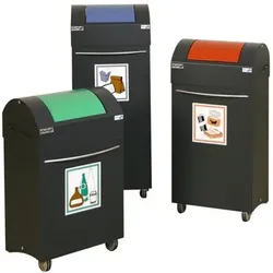 Feuerhemmender Wertstoffsammler aus Stahl, mit 2 Rollen, 75 Liter Volumen, anthrazit / blau