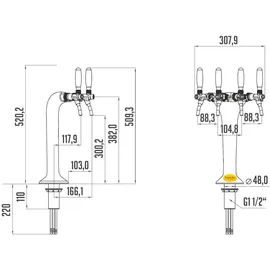 ich-zapfe Schanksäule Chrom 4-leitig, elegant, `Topp-Qualität!` (Paketpreis)
