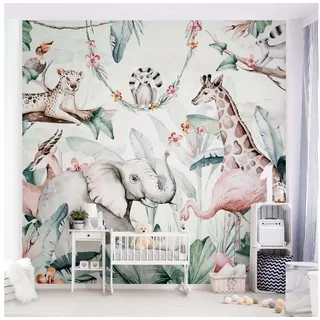 Bilderdepot24 Kindertapete Kinderzimmer Aquarell Afrika Tiere Wanddeko Giraffe Elefant Flamingo, Glatt, Matt, (Vliestapete inkl. Kleister oder selbstklebend), Mädchenzimmer Jungenzimmer Babyzimmer Bildtapete Fototapete Wandtapete grün 0.96 m x 0.96 m