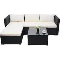 Mendler Poly-Rattan Garnitur HWC-F57, Balkon-/Garten-/Lounge-Set Sofa Sitzgruppe schwarz, Kissen creme ohne Deko-Kissen