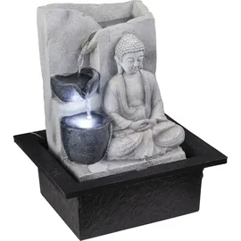 GLOBO Tischbrunnen mit Pumpe Springbrunnen mit LED Beleuchtung Buddha Design Zimmerbrunnen grau Dekoration, LxBxH 21x18,5x25,5 cm