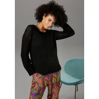 Aniston CASUAL Rundhalspullover, mit trendig gemixten Ajour-Mustern Gr. schwarz Damen Pullover