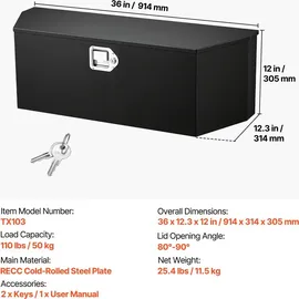 Vevor Anhänger-Zungenbox Anhängerbox Werkzeugkasten 914 x 305 x 305 mm, Kohlenstoffstahl Anhängerbox-Aufbewahrung mit Schloss & Schlüsseln, Utility-Anhänger-Zungen-Werkzeugkiste für Wohnmobil usw.