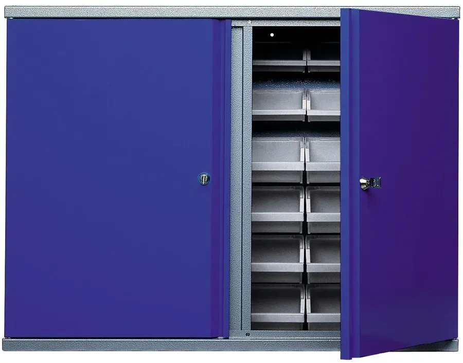 Hängeschrank mit 36 Sichtboxen, HxBxT 600 x 800 x 160 mm, blau