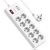 Steckdosenleiste mit USB,AUOPLUS Mehrfachsteckdose mit 10 Fach und 3 USB,Steckerleiste mit Schalter und Überspannungsschutz(4000W/16A),Verteilersteckdose mit kindersicherung für Zuhause,Büro,2M Kabel