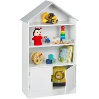Relaxdays Kinderregal, Hausförmiges Bücherregal, 3 Fächer, 1 geschlossenes Fach, HBT: 115 x 68 x 28 cm, weiß/grau