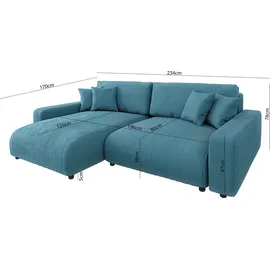 s-style möbel - Ecksofa mit Schlaffunktion und Bettkasten in Cord-Stoff schöner Sitzkomfort, Ottomane links, B/T/H: 234 cm / 2 Jahre Gewährleistung / mind. 14 Tage Rückgaberecht - Blau,Türkis
