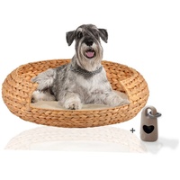Rohrschneider Hundekorb runder Hundekorb aus geflochtener Wasserhyazinthe, Hundebett, herausnehmbares Kissen, gemütliches Sofa für kleine und große Hunde beige 70 cm x 70 cm