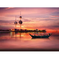 Fototapete PAPERMOON "KUWAIT-STADT-BOOT SKYLINE STRAND MEER GOLF PANORAMA", bunt, B:2,50m L:1,86m, Vlies, Tapeten