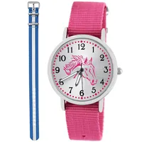 Pacific Time Kinder Armbanduhr Mädchen Junge Pferd Kinderuhr Set 2 Textil Armband rosa + blau reflektierend analog Quarz 10561